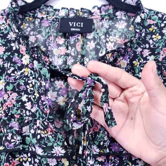 Vici Mini Dress Size S Multicolor Floral Long Sleeve Boho Festival Ruffle - Picture 12 of 16